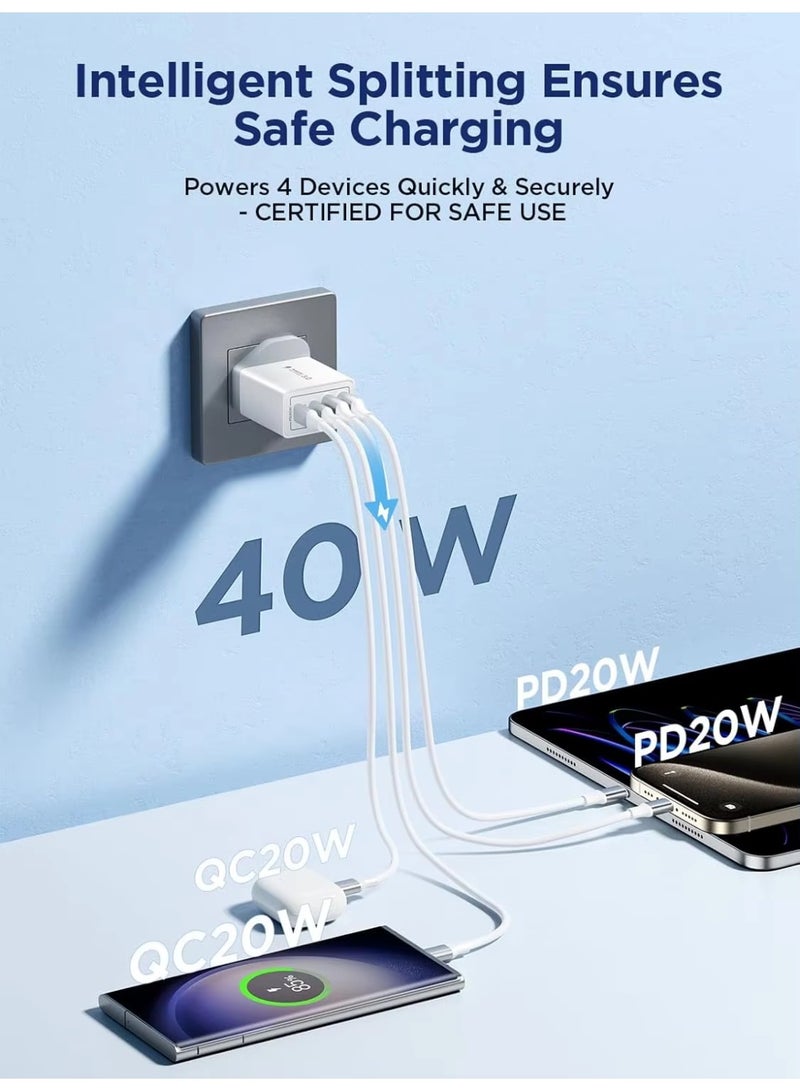 محول جدار 40W 4 منافذ (2 USB-C + 2 USB-A) - شاحن سريع يدعم PD و QC 3.0، مقبس بريطاني (UK Plug) - Image 3